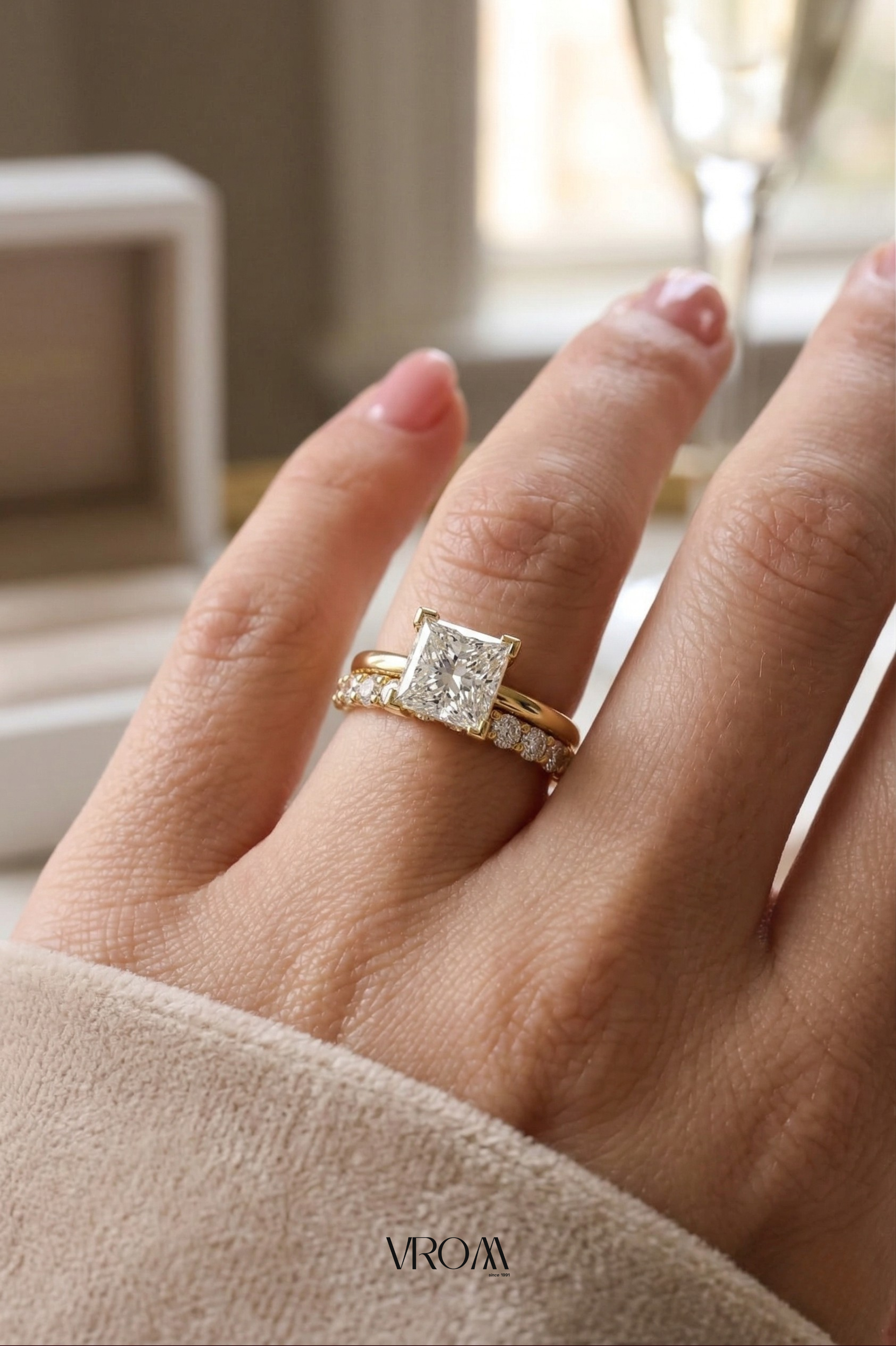 Princess Cut Diamond Stackable Ring, Two Band Diamond Ring, Lab Grown Diamond Engagement Ring, Minimal Pave Band Ring, Gold Bridal Ring