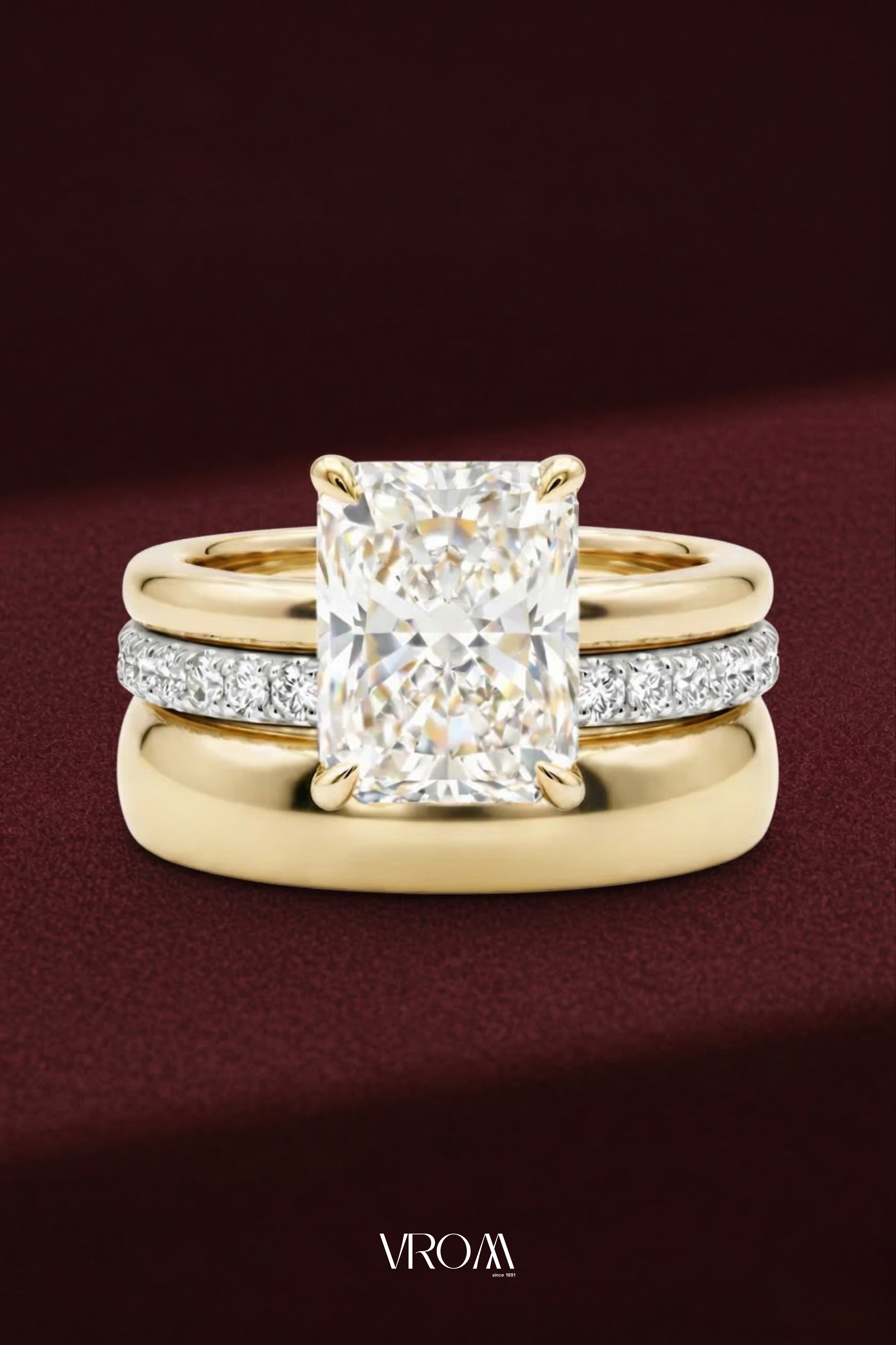 Radiant Diamond Stackable Ring, Mixed Metal Engagement Ring, Three Band Diamond Ring, Lab Grown Diamond Ring, White and Yellow Gold Ring