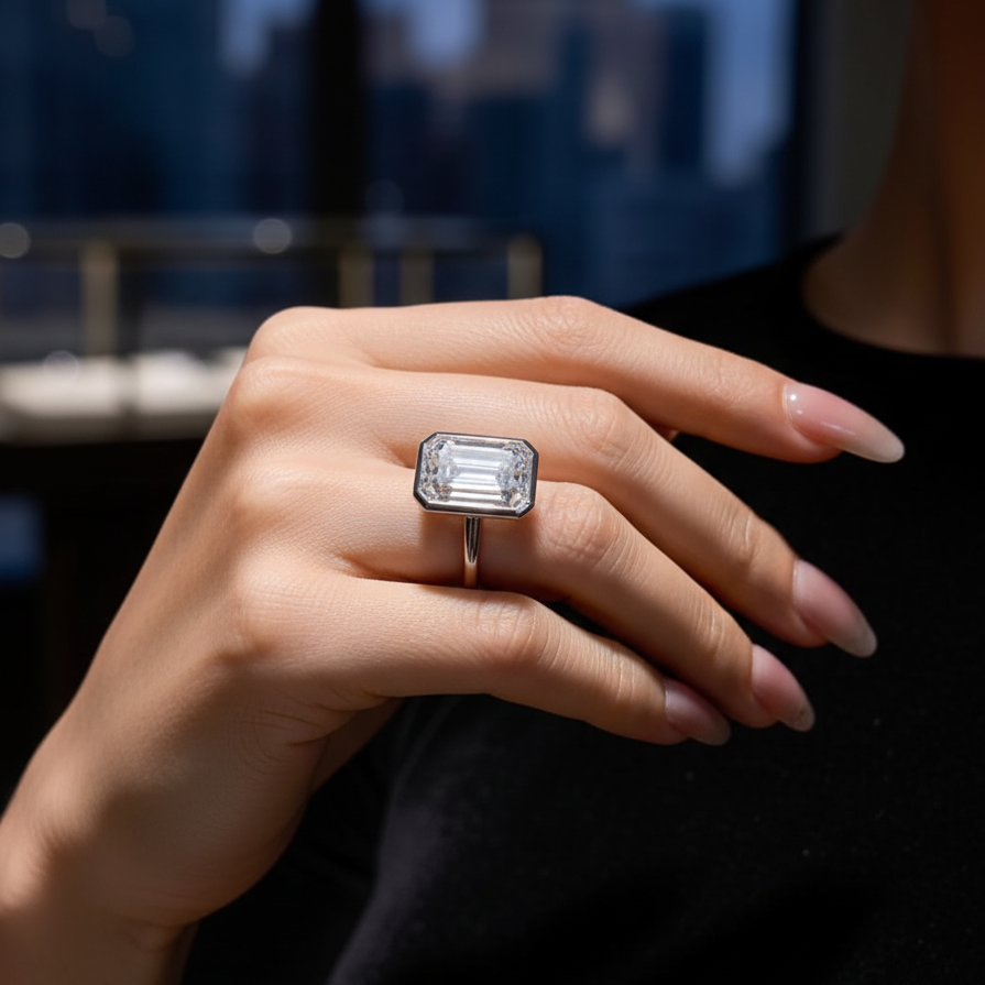 Bezel Set Emerald Cut Ring | Lab Grown Diamond | 14K Yellow Gold