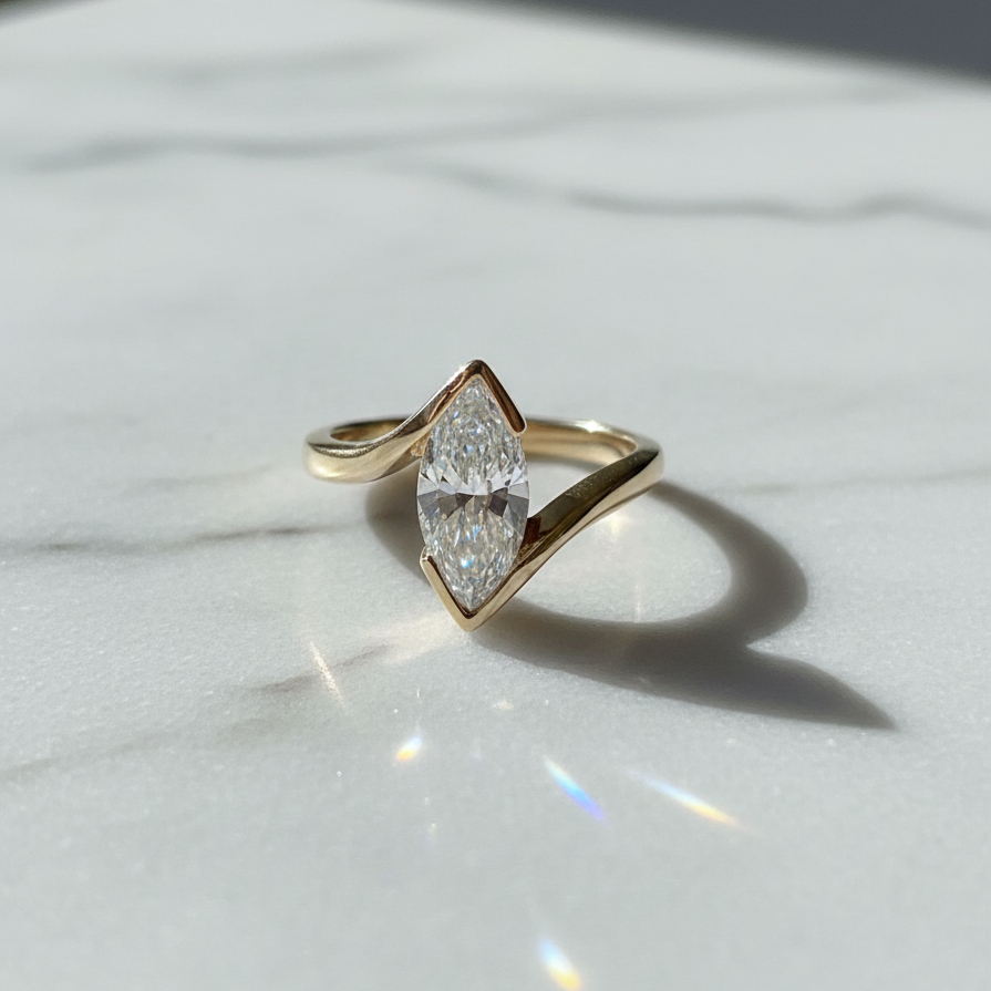 Modern Marquise Cut Bezel Bypass Ring | Lab Grown Diamond | 14K Yellow Gold