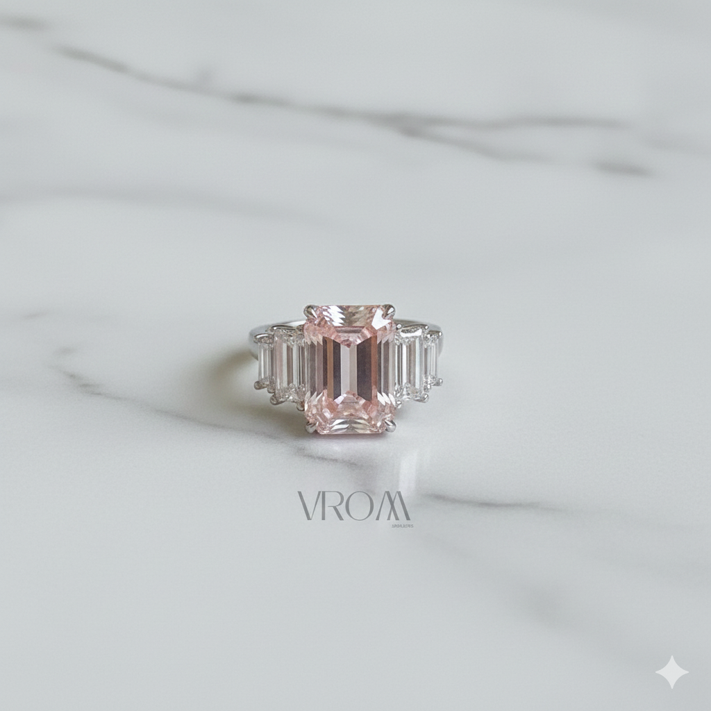 Art Deco Pink Emerald Cut Ring with Baguette Side Stones | Lab Grown Diamond | 14K Yellow Gold
