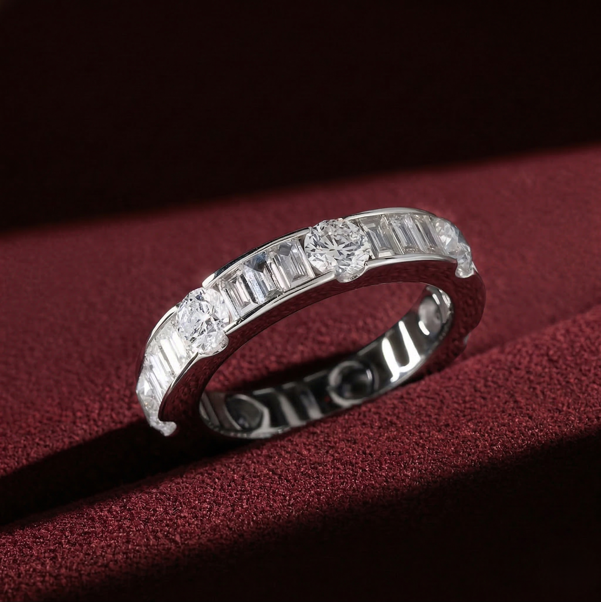 Lab Grown Diamond Eternity Band: 14K Gold Alternating Round & Baguette Anniversary Ring