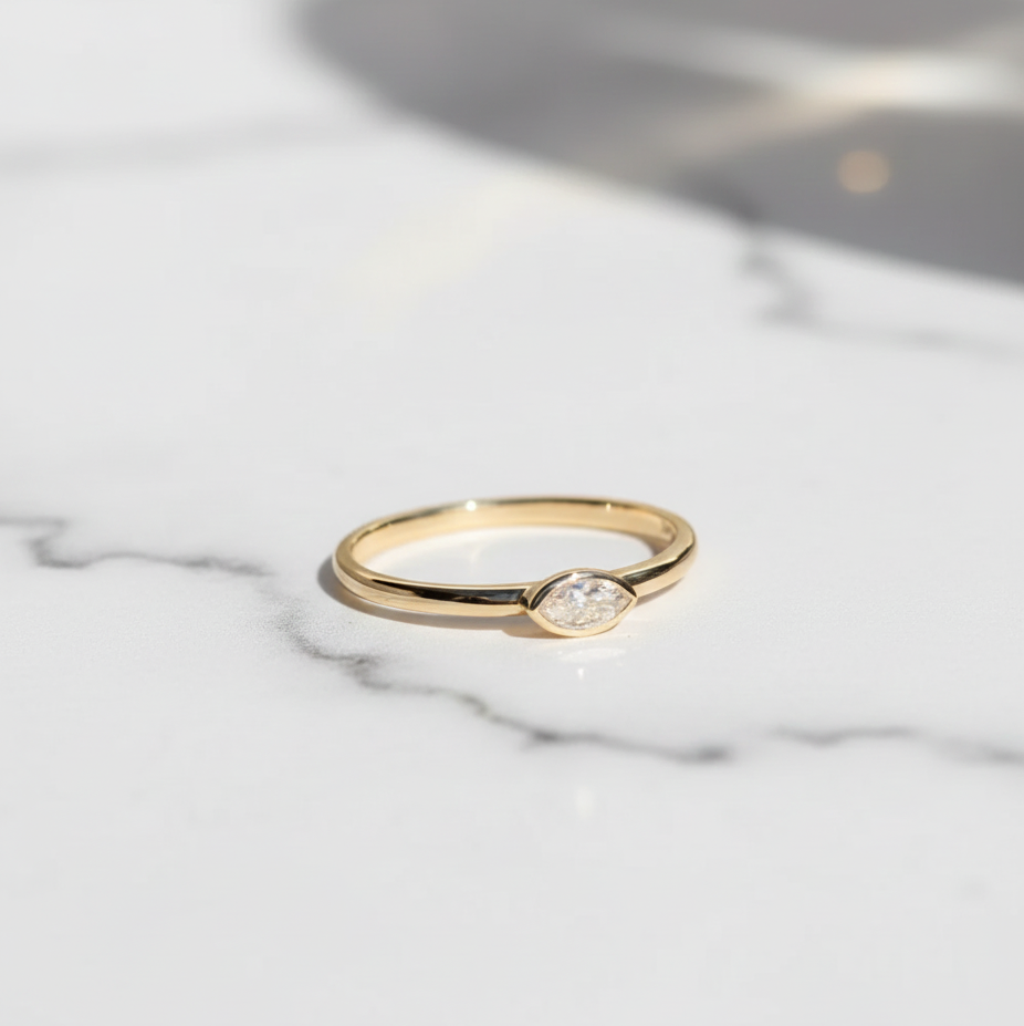 Minimalist Marquise East West Bezel Set Solitaire Ring | Lab Grown Diamond | 14K Yellow Gold