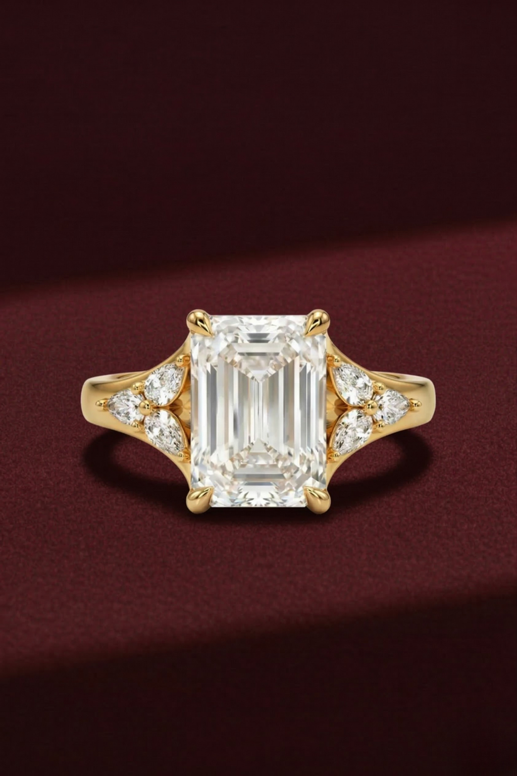 Emerald Diamond Engagement Ring 2.05 Carat, Emerald Cut Diamond Ring with Pear Side Diamonds, Gold Engagement Ring, Lab Diamond Ring