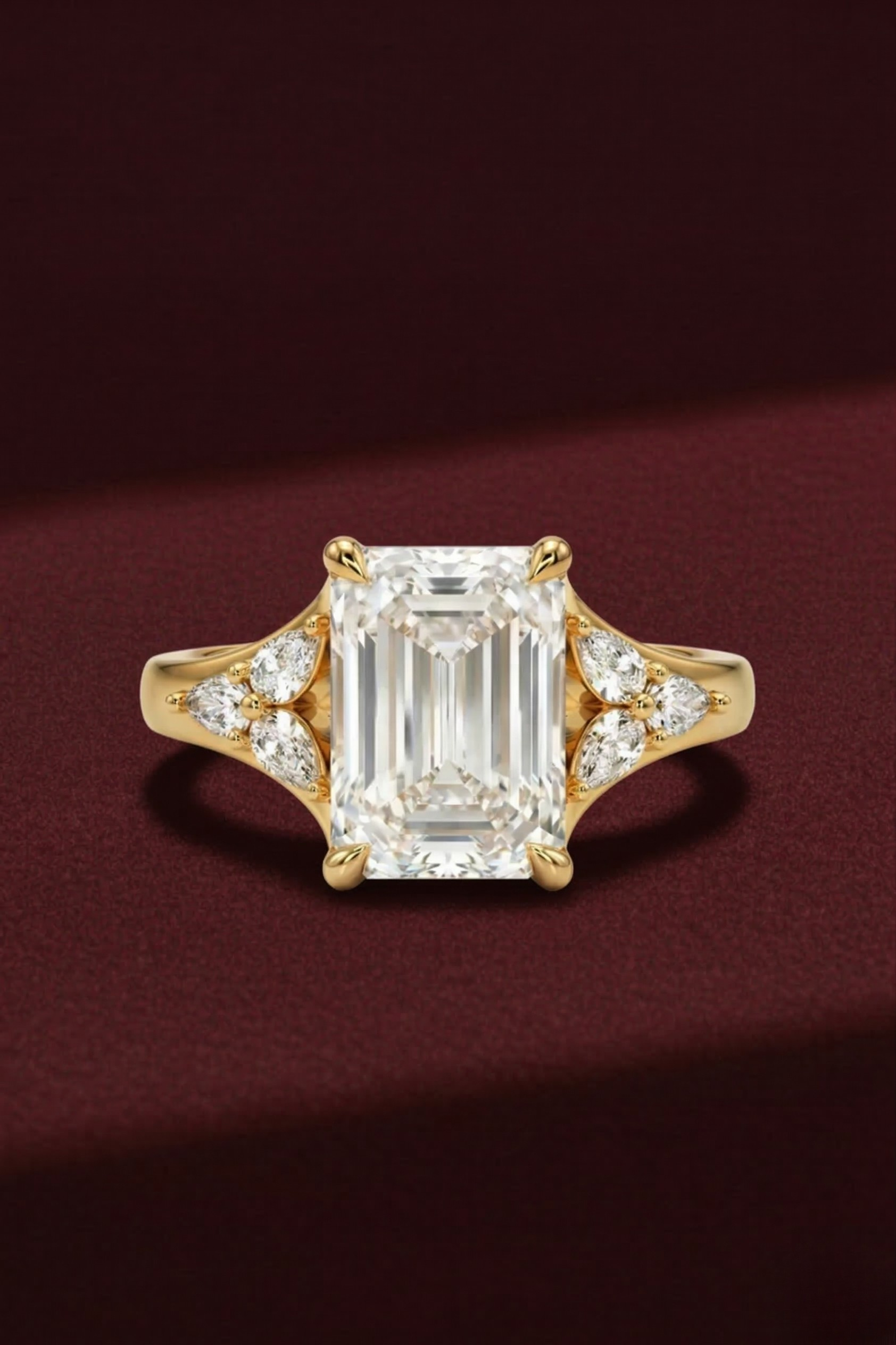 Emerald Diamond Engagement Ring 2.05 Carat, Emerald Cut Diamond Ring with Pear Side Diamonds, Gold Engagement Ring, Lab Diamond Ring