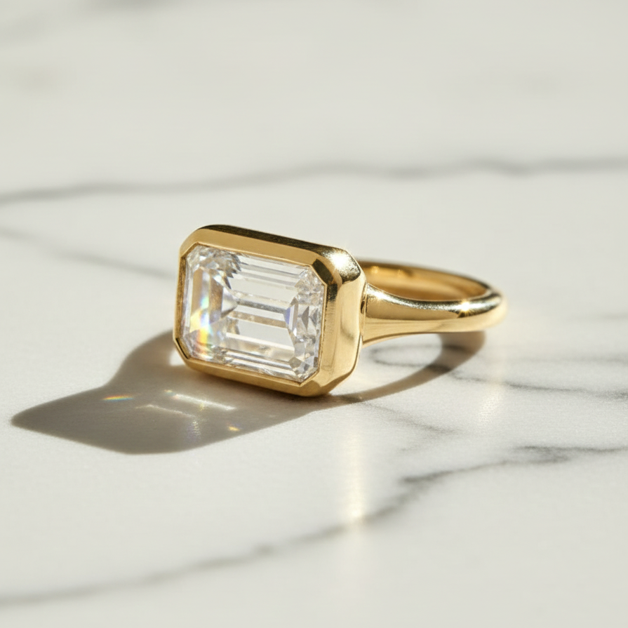 Modern East West Emerald Solitaire Engagement Ring | Lab Grown Diamond | 14K Yellow Gold