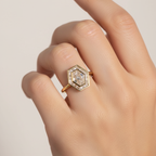 Hexagon Step Cut Ring with Baguette Halo | Lab Grown Diamond | 14K Yellow Gold Geometric Design