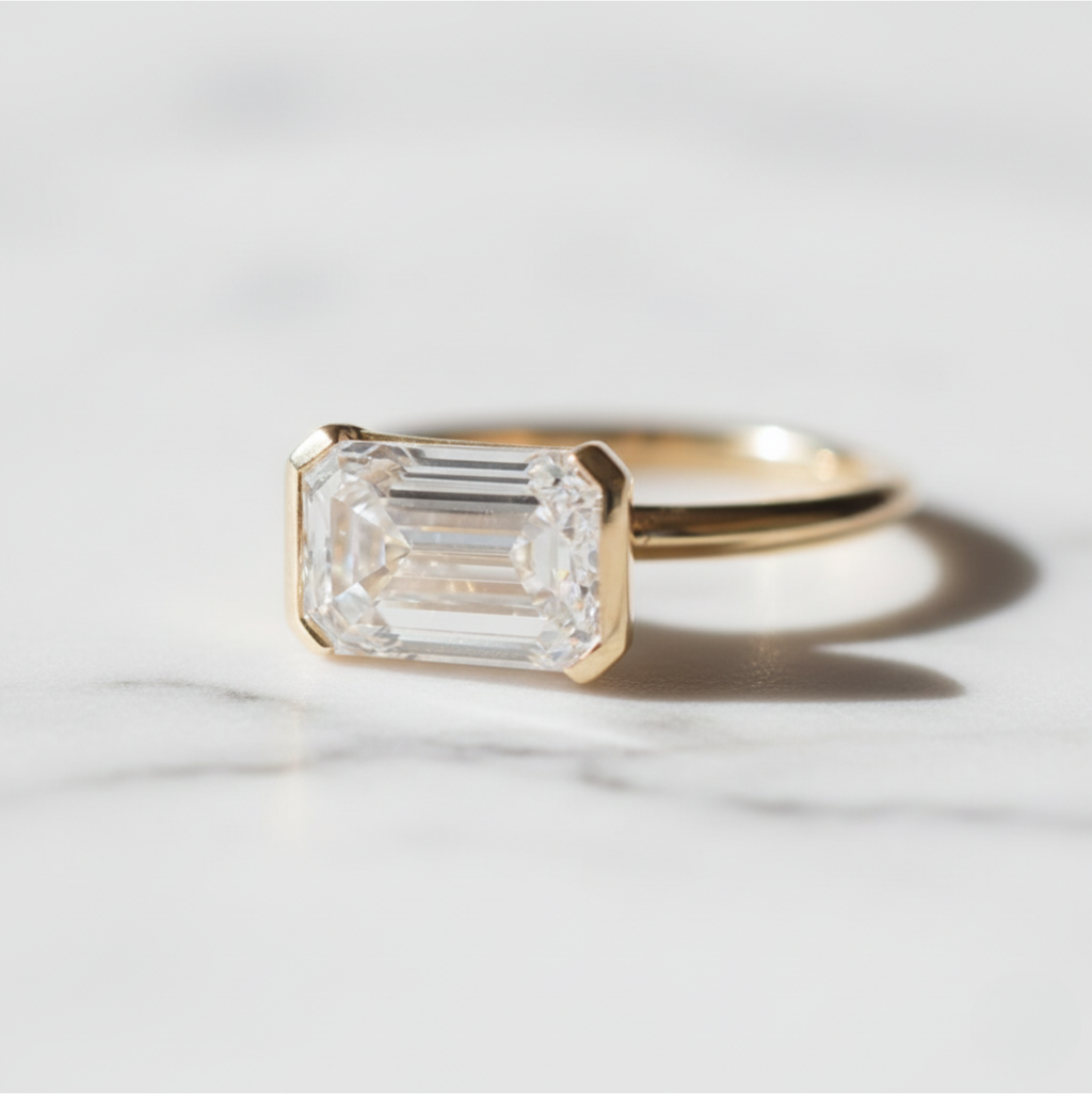 Emerald Cut Half Bezel East West Ring | Lab Grown Diamond | 14K Yellow Gold Modern Design