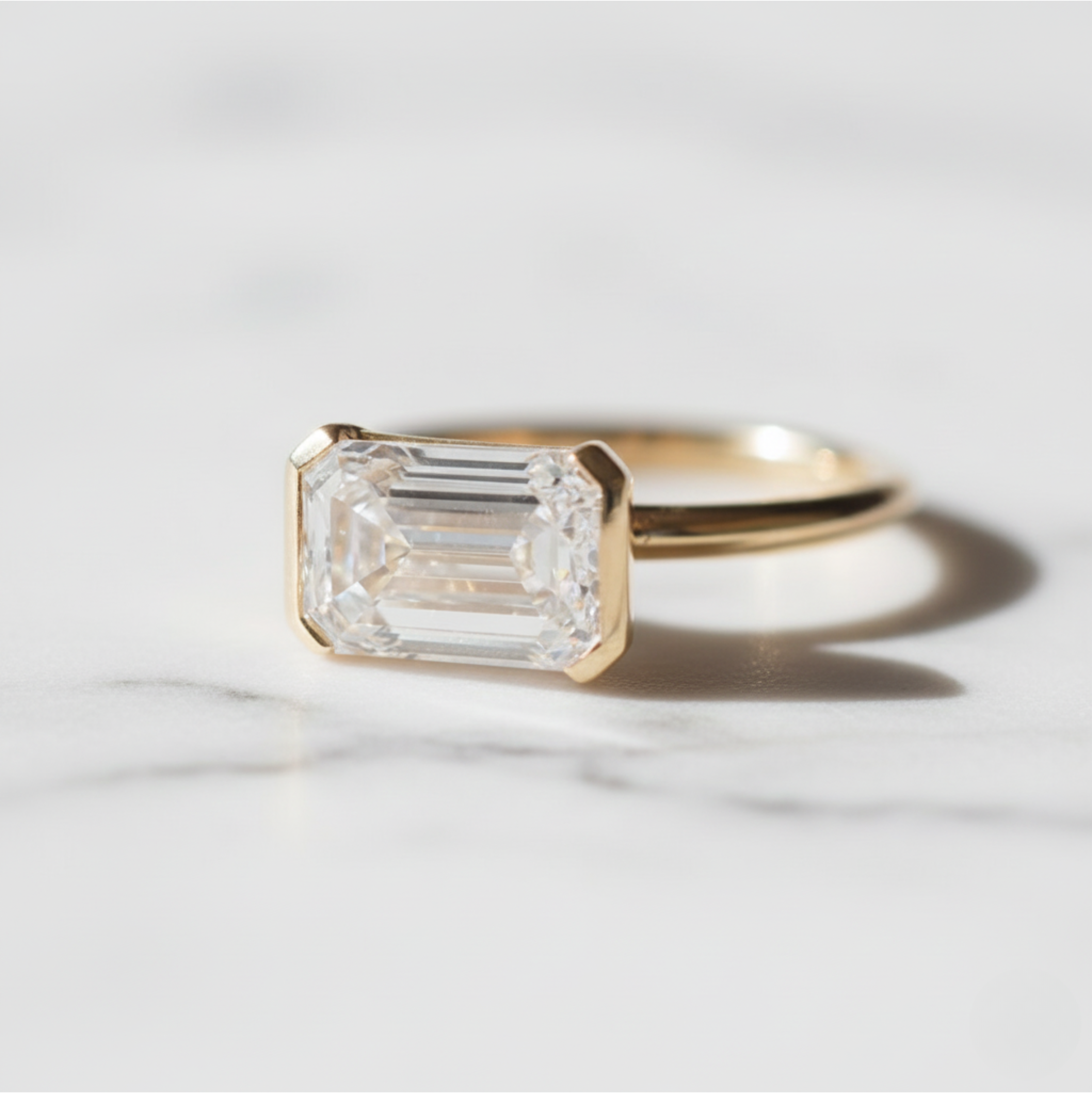 Emerald Cut Half Bezel East West Ring | Lab Grown Diamond | 14K Yellow Gold Modern Design
