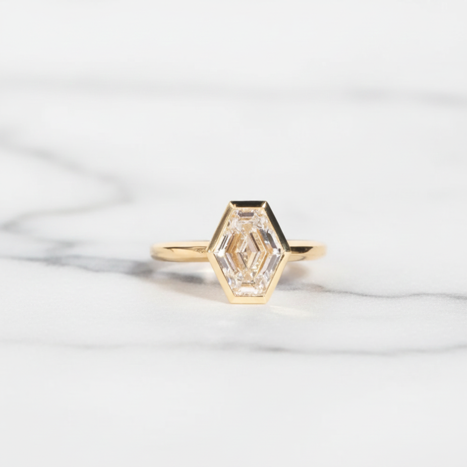 Unique Hexagonal Ring | Lab Grown Diamond | 14K Yellow Gold Minimal Style