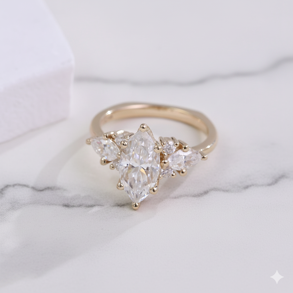 Modern Marquise Solitaire Ring with Side Accent Diamonds | Lab Grown Diamond | 14K Yellow Gold