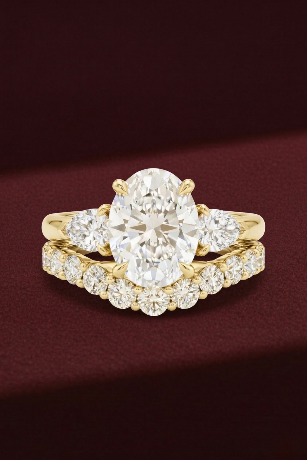 Oval Diamond Engagement Ring Set 2.05 Carat, Stackable Bridal Ring Set, Oval Ring with Pear Side Diamonds, Diamond Wedding Band Set