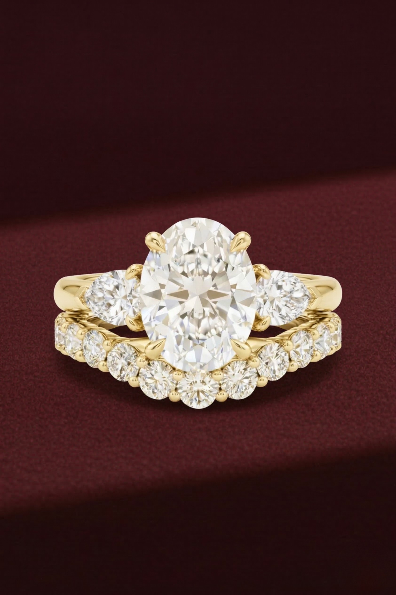 Oval Diamond Engagement Ring Set 2.05 Carat, Stackable Bridal Ring Set, Oval Ring with Pear Side Diamonds, Diamond Wedding Band Set