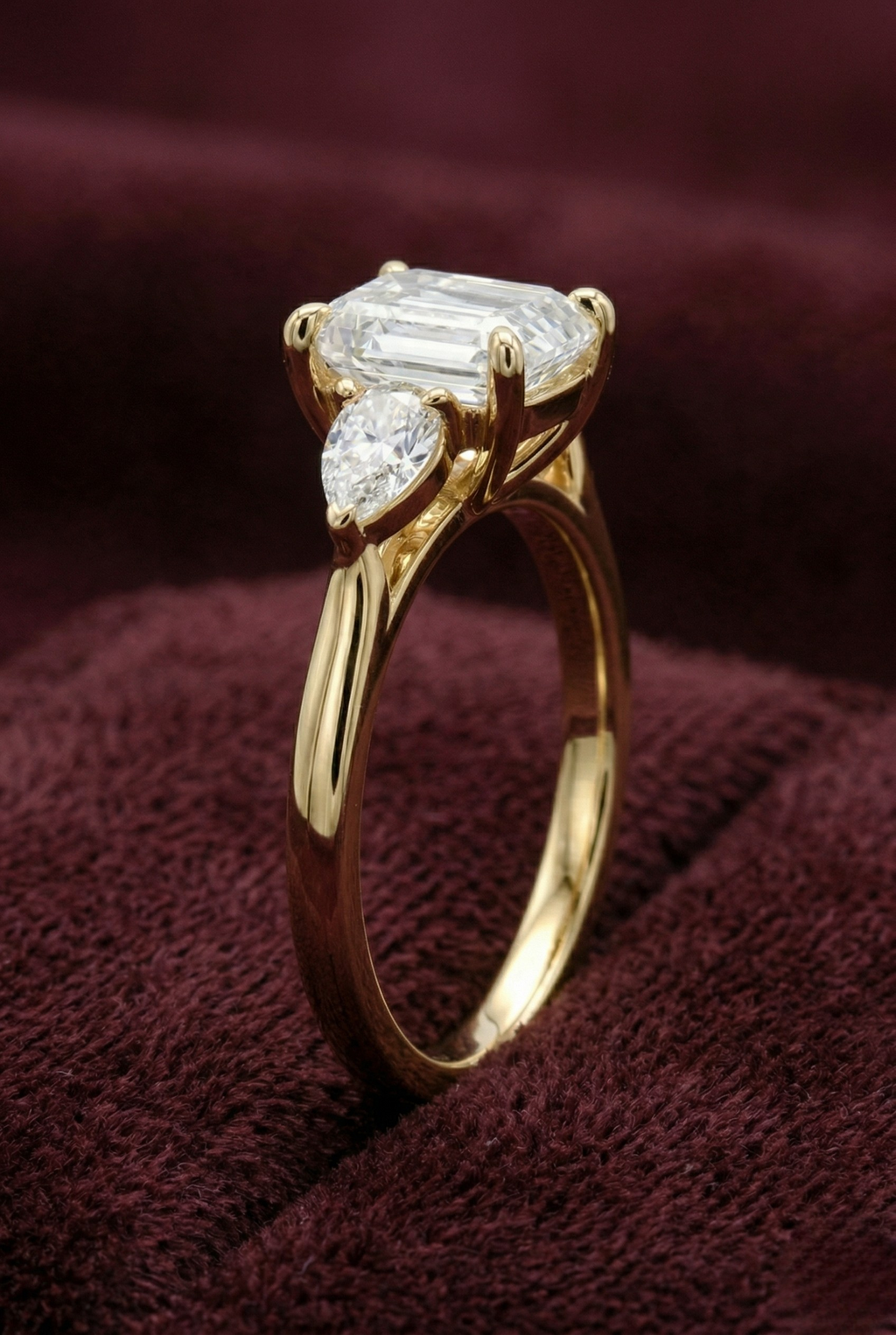 Emerald Cut Diamond Three Stone Ring, 2.05 Carat Emerald Diamond Ring with Pear Side Stones, Three Stone Engagement Ring, Gold Diamond Ring