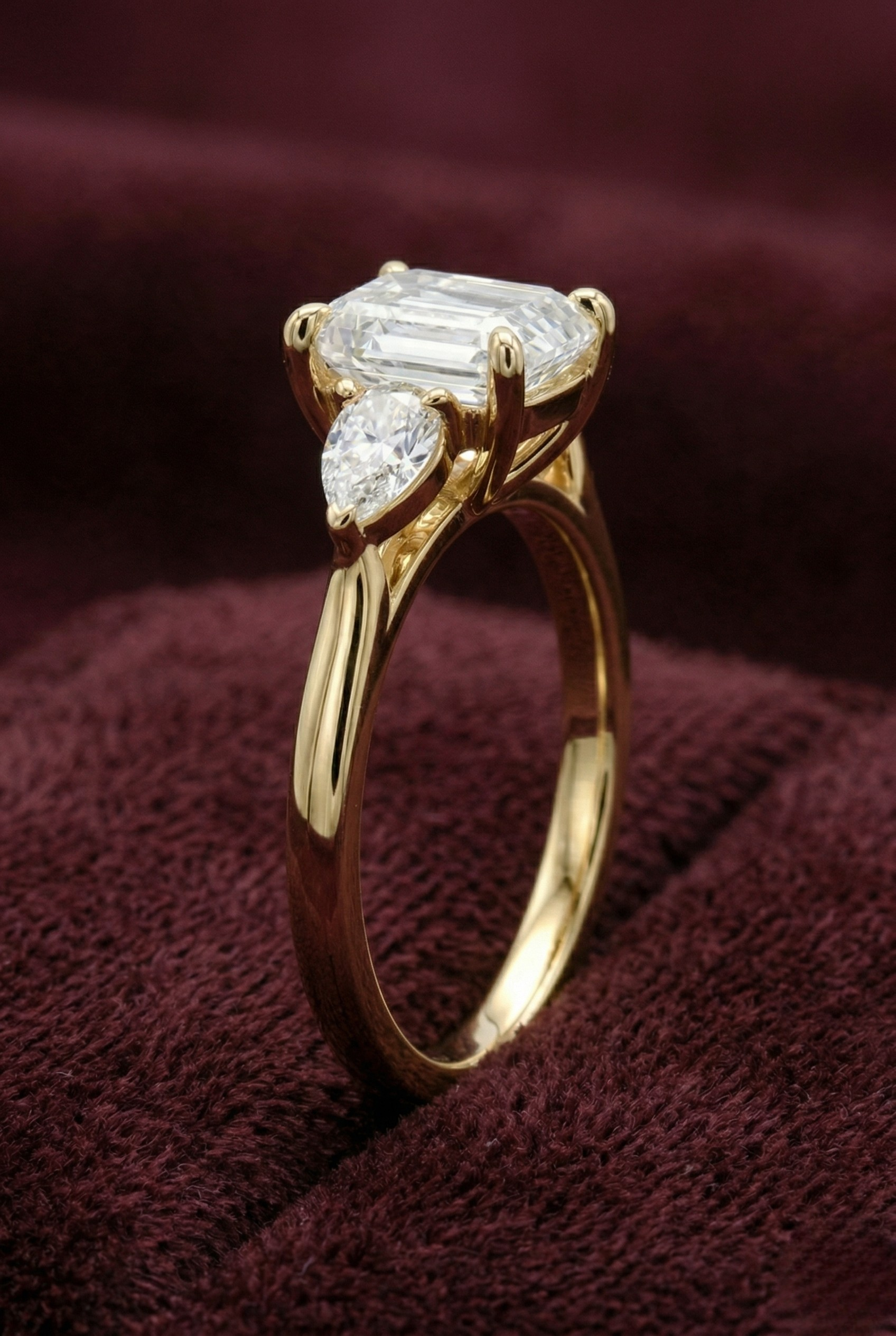 Emerald Cut Diamond Three Stone Ring, 2.05 Carat Emerald Diamond Ring with Pear Side Stones, Three Stone Engagement Ring, Gold Diamond Ring