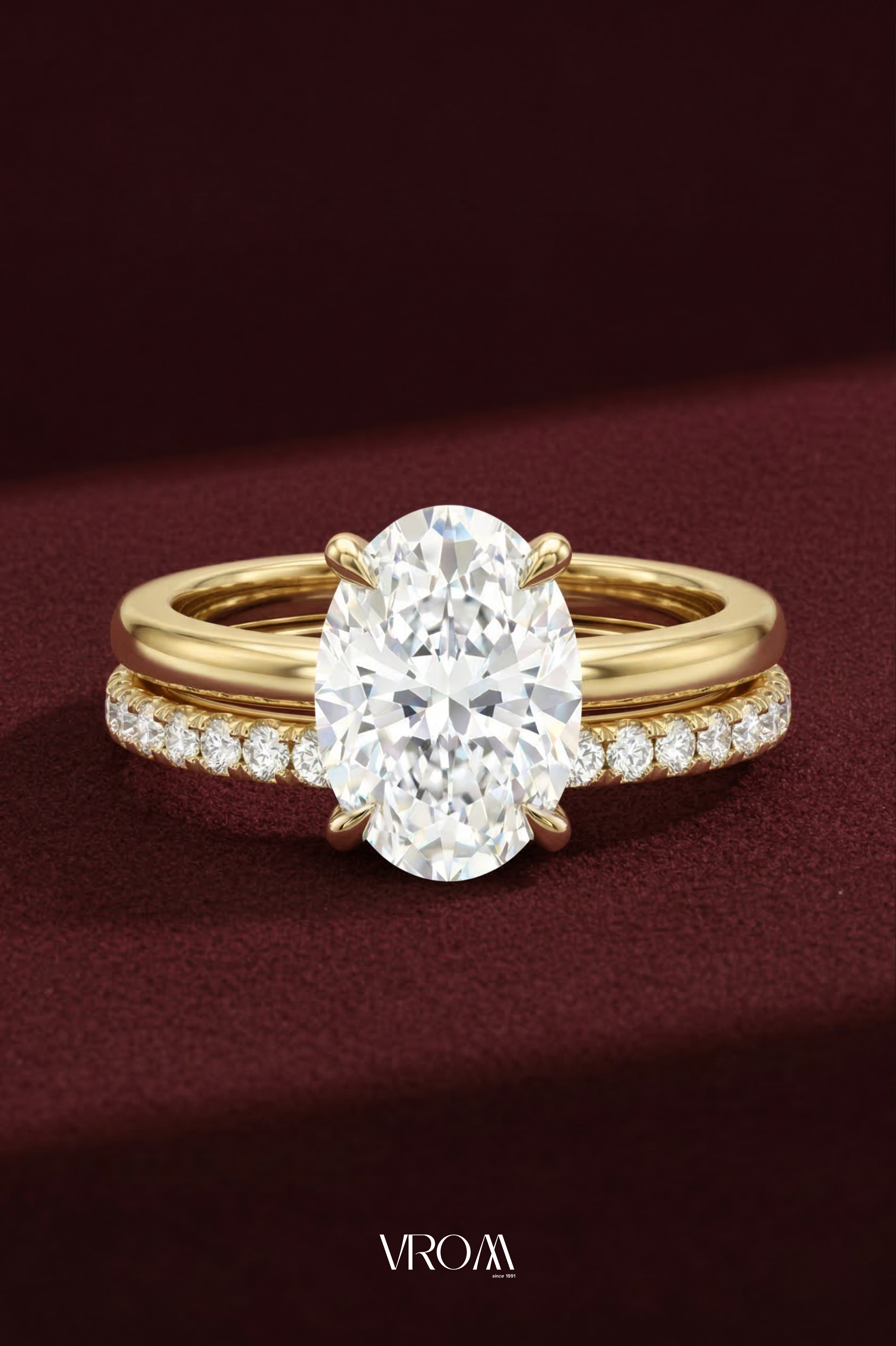 Oval Diamond Stackable Ring, Two Band Diamond Ring, Lab Grown Diamond Engagement Ring, Pave Diamond Band Ring, Minimal Gold Ring