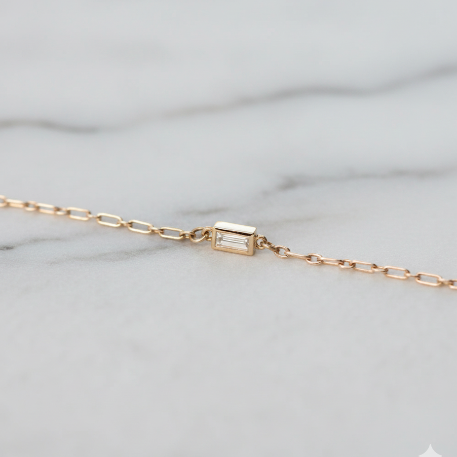 Minimalist Baguette Diamond Bracelet | Lab Grown Diamond | 14K Yellow Gold Cable Chain