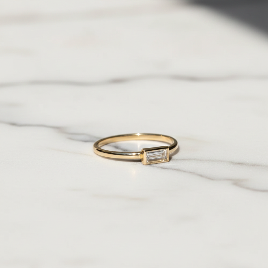 Minimalist Baguette East West Bezel Set Solitaire Ring | Lab Grown Diamond | 14K Yellow Gold