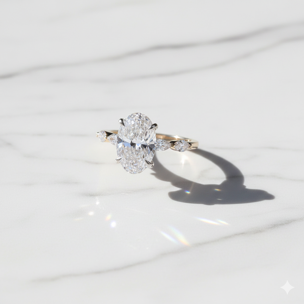 Modern Oval Cut Hidden Halo Half Eternity Ring | Lab Grown Diamond | 14K Yellow Gold