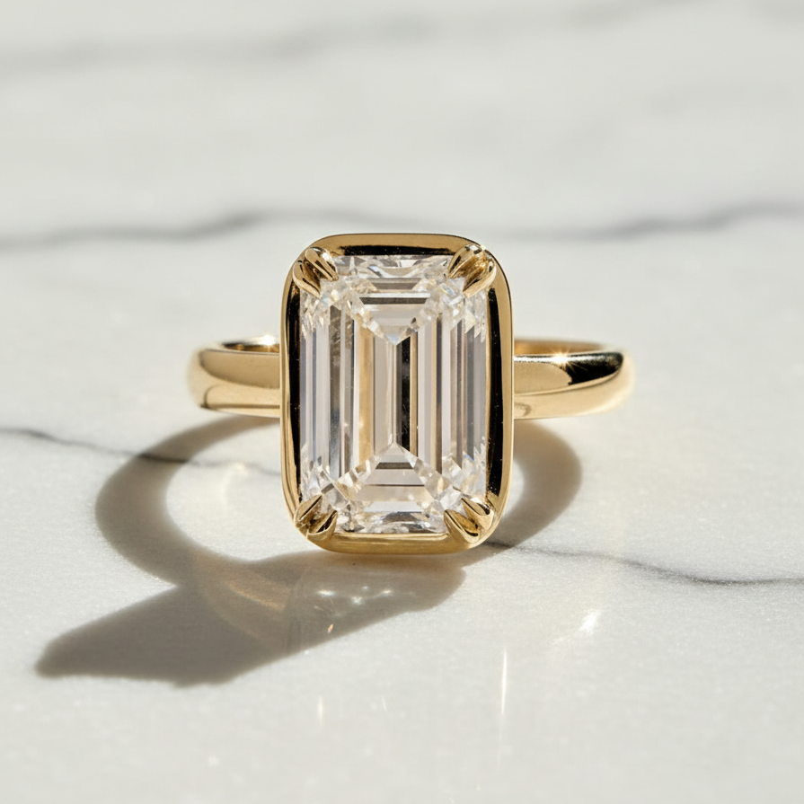 Modern Emerald Solitaire Bezel with 2 Prong Setting Engagement Ring | Lab Grown Diamond | 14K Yellow Gold