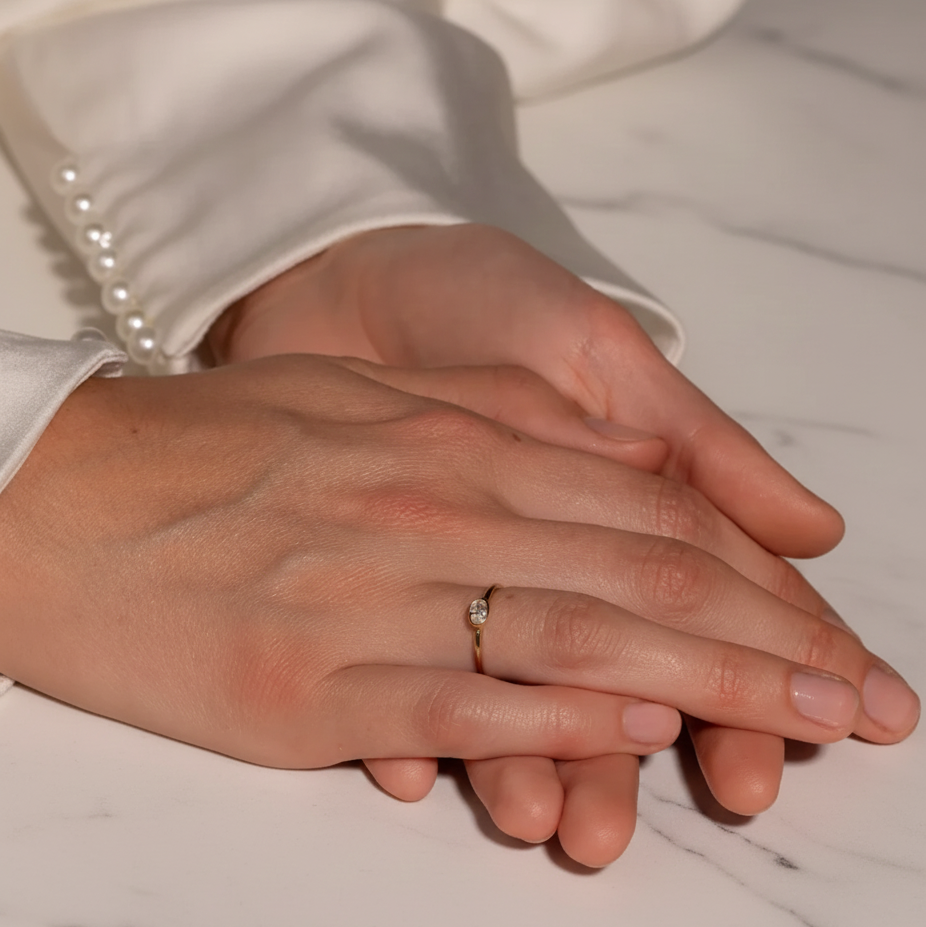 Minimalist Oval East West Bezel Set Solitaire Ring | Lab Grown Diamond | 14K Yellow Gold