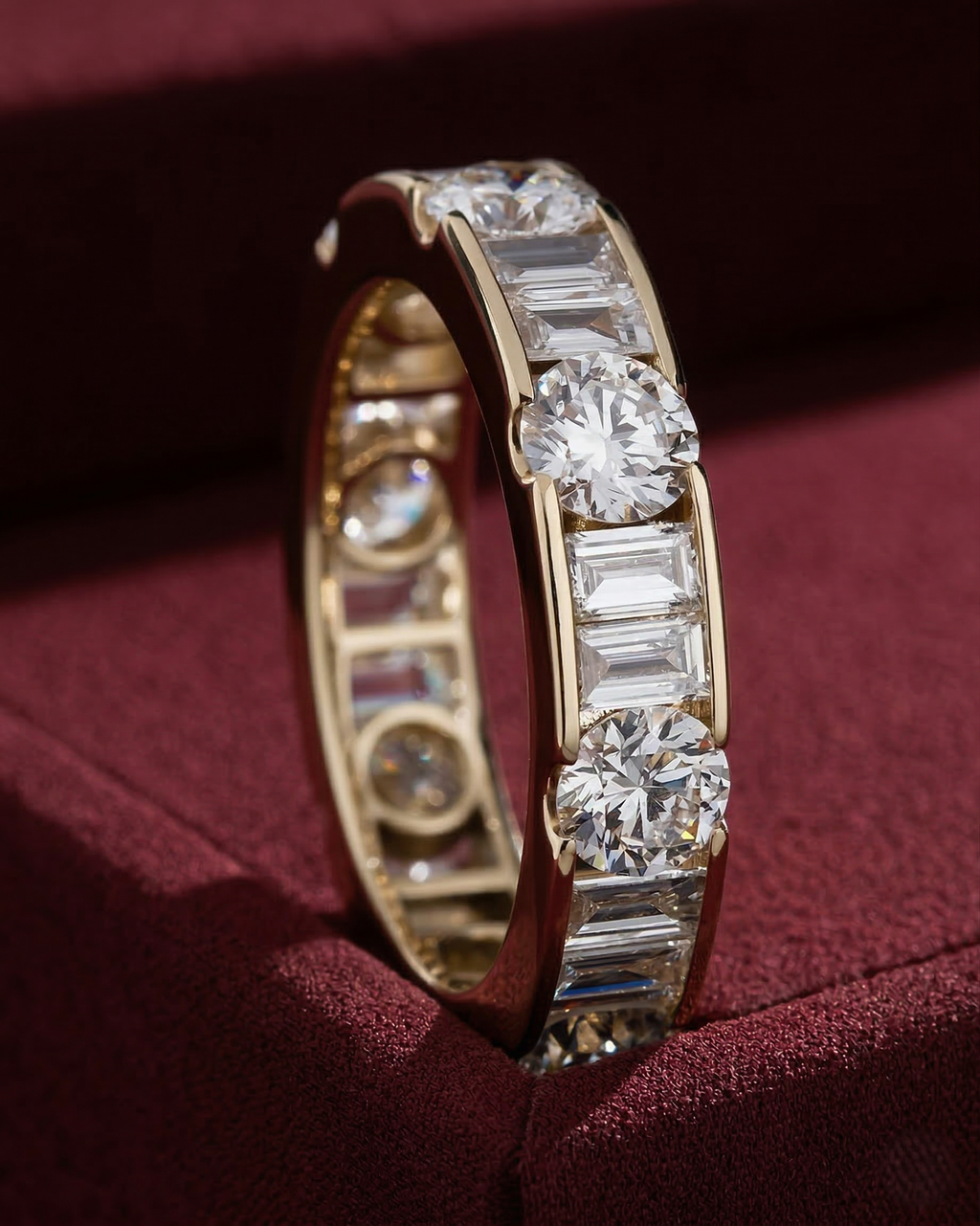 Lab Grown Diamond Eternity Band: 14K Gold Alternating Round & Baguette Anniversary Ring