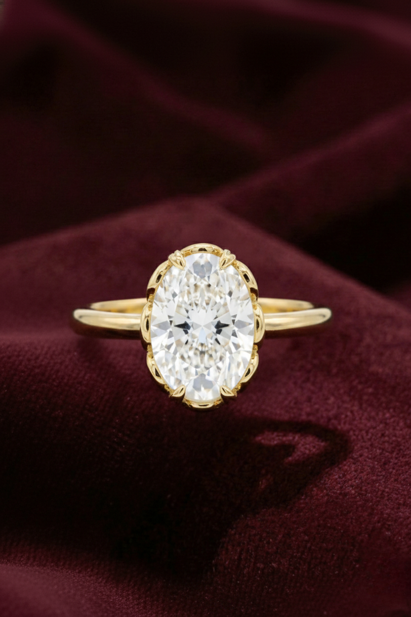 Oval Diamond Engagement Ring 2.05 Carat, Hidden Halo Diamond Ring, Oval Diamond Ring with Side Stones, Gold Engagement Ring, Lab Grown Ring