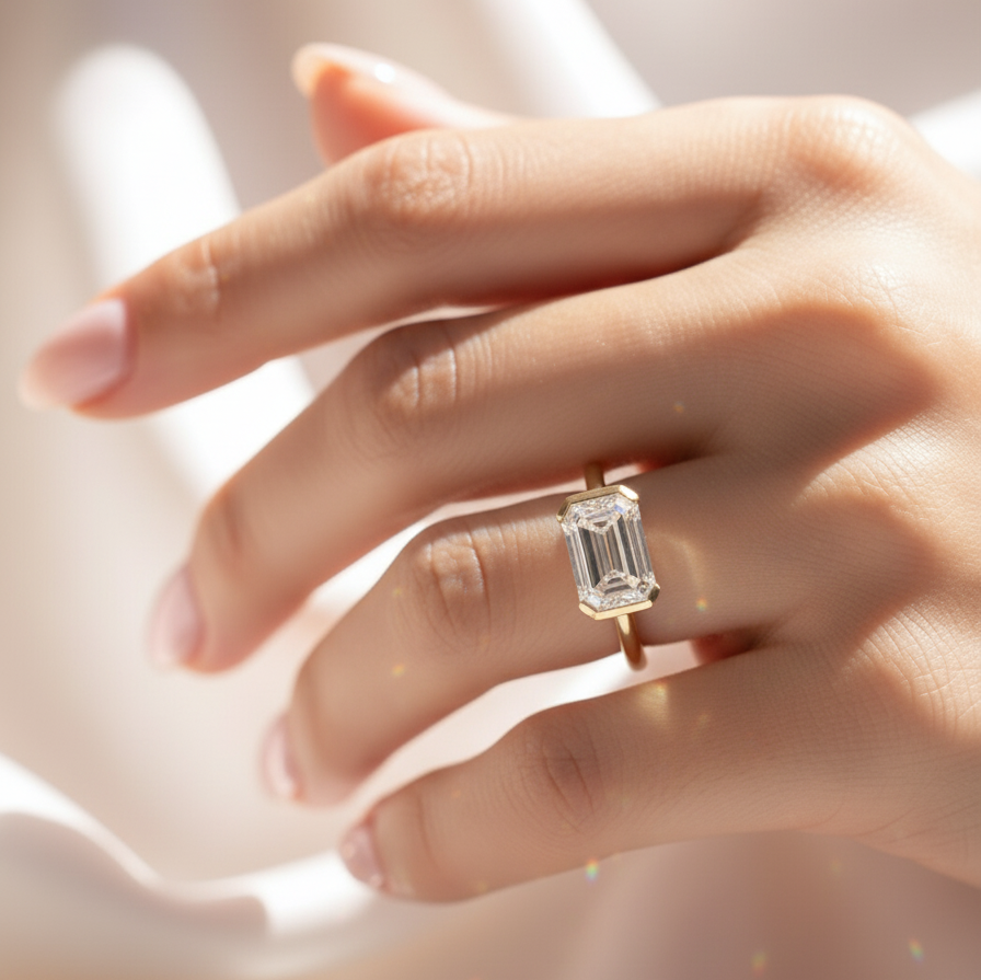 Emerald Cut Half Bezel East West Ring | Lab Grown Diamond | 14K Yellow Gold Modern Design