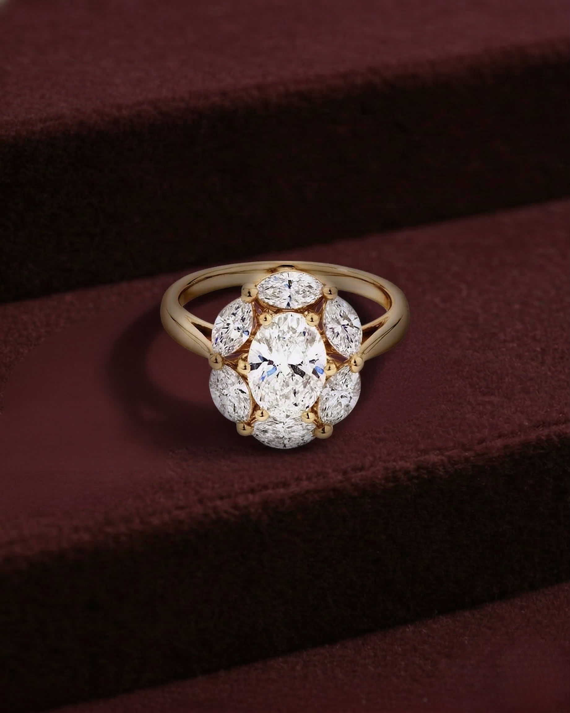 Oval Diamond Cluster Ring, Oval Center with Marquise Side Diamonds, Floral Diamond Engagement Ring, Multi Stone Diamond Ring, Statement Ring