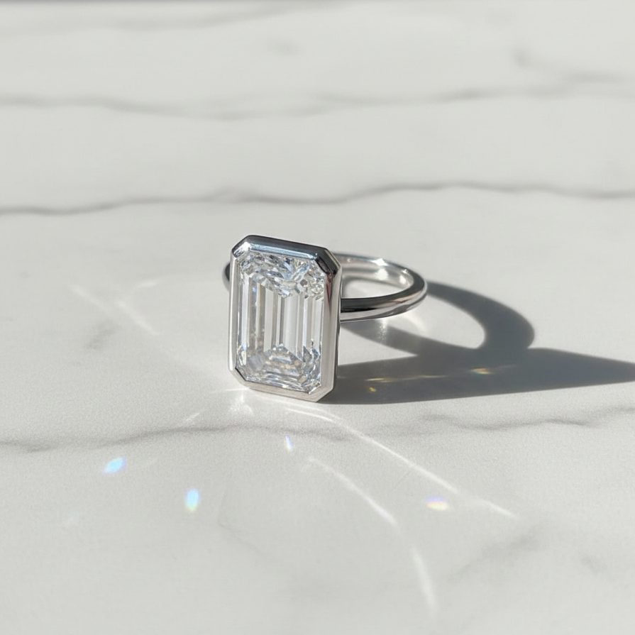 Bezel Set Emerald Cut Ring | Lab Grown Diamond | 14K Yellow Gold