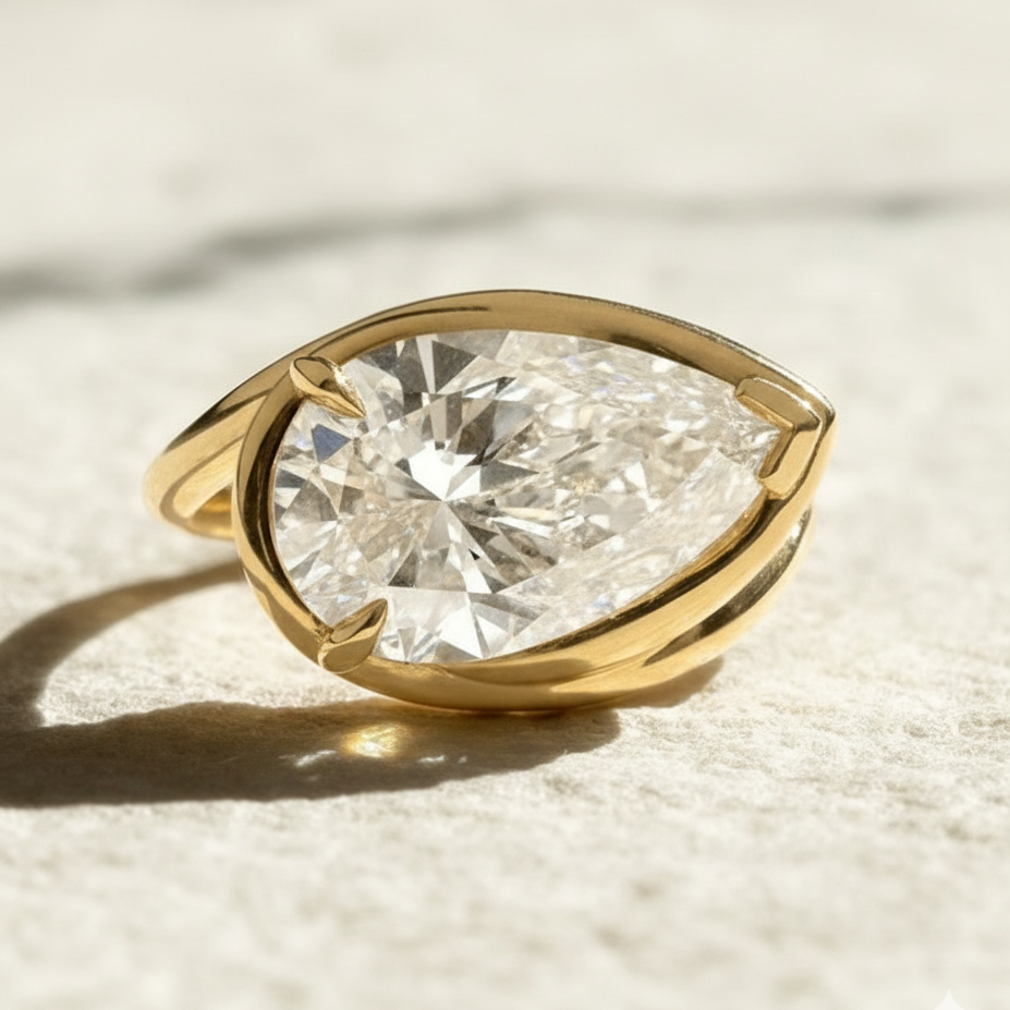 Unique Twist Bending Style Pear Engagement Ring | Lab Grown Diamond | 14K Yellow Gold