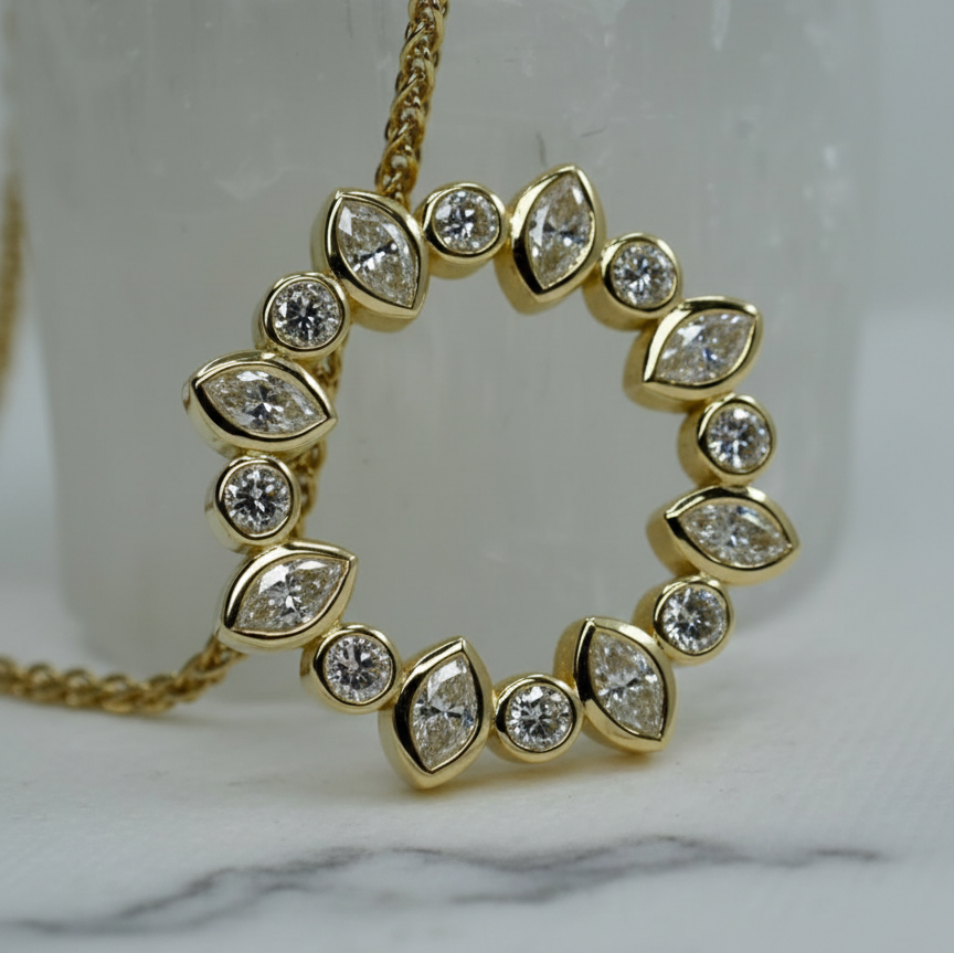 Eternity Harmony Circle Pendant Necklace Round and Marquise | Lab Grown Diamond | 14K Yellow Gold