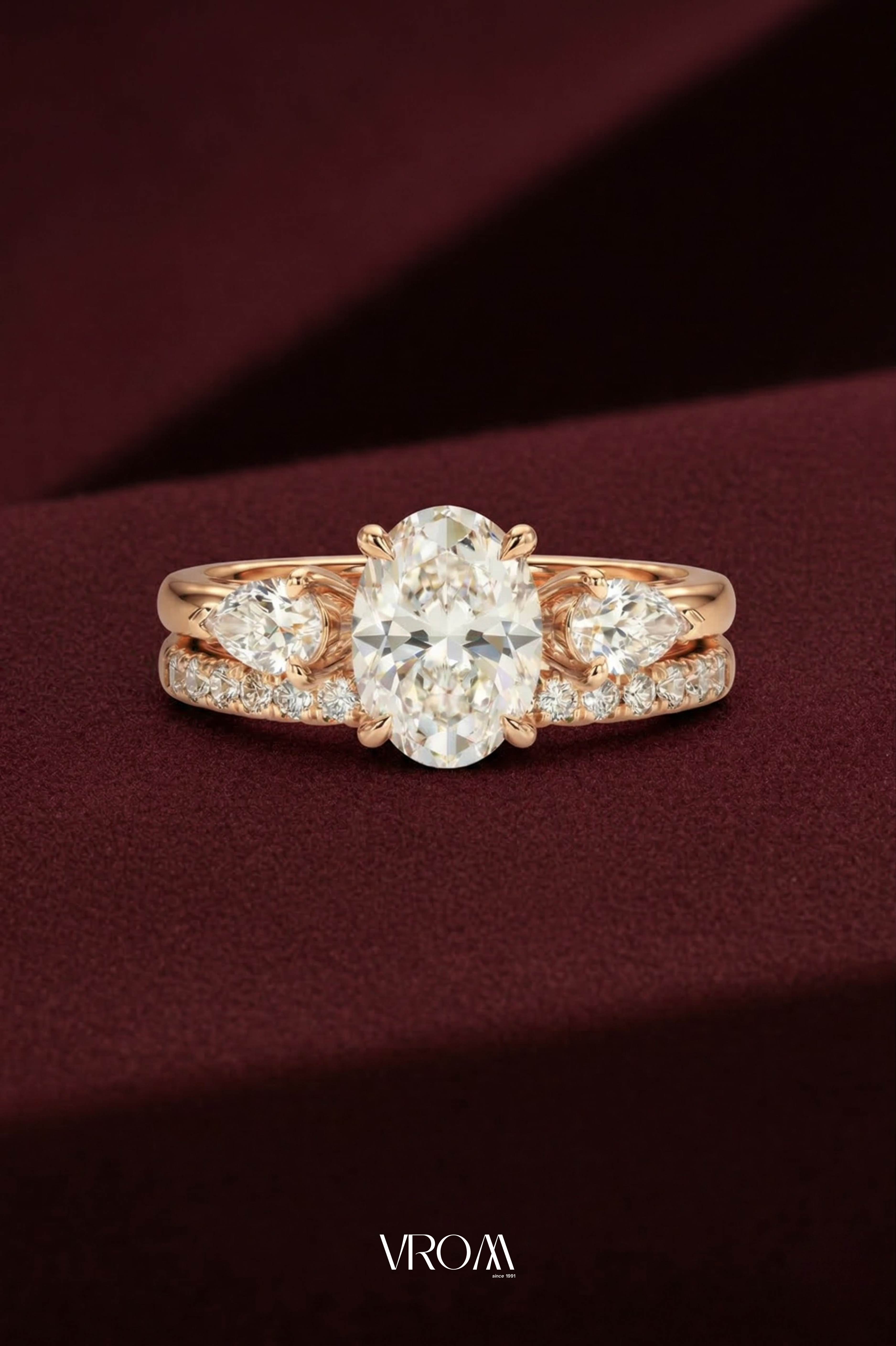 Oval Diamond Wedding Set, Two Band Stackable Ring, Three Stone Engagement Ring, Lab Grown Diamond Ring, Curved Pave Band Set