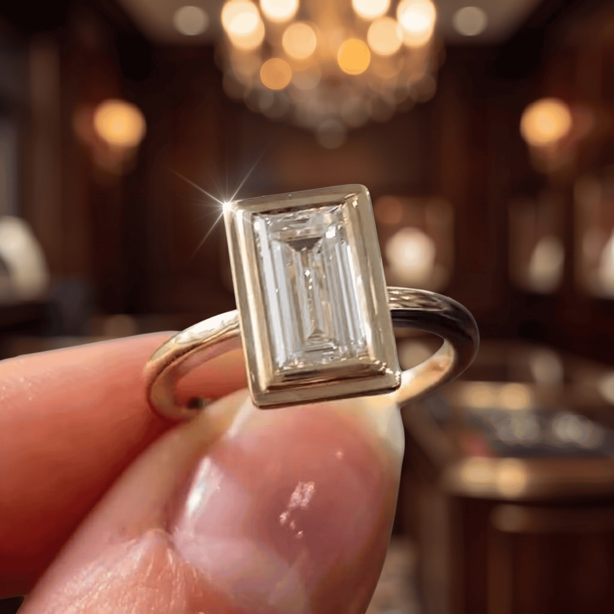 Baguette Cut Lab Diamond Bezel Engagement Ring