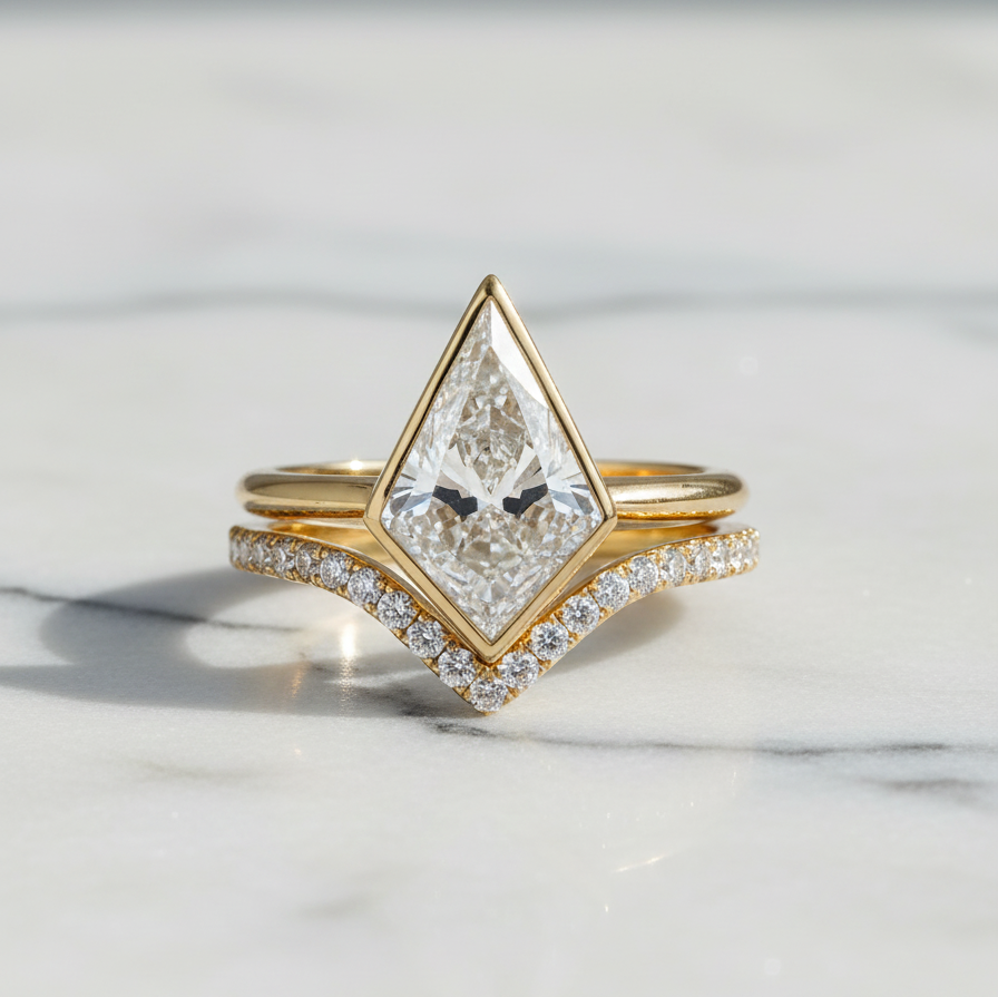 Modern Kite Cut Bezel Setting Engagement Ring | Lab Grown Diamond | 14K Yellow Gold