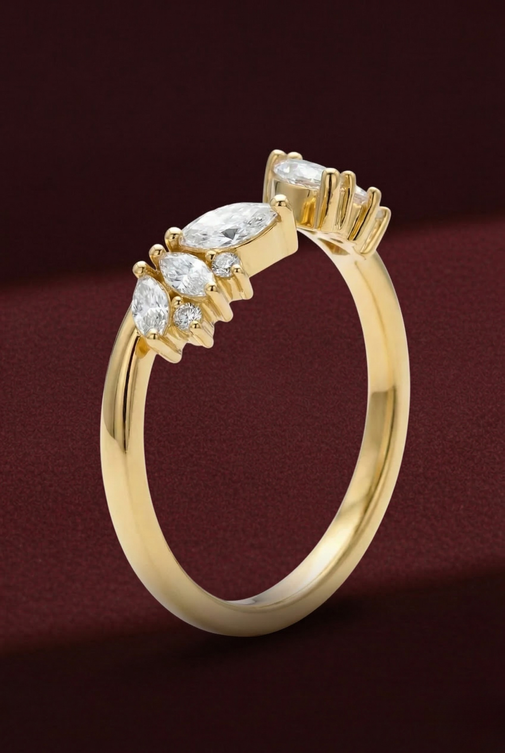 Open Cuff Diamond Stackable Band, Marquise and Round Diamond Band, Open Diamond Ring, Stackable Wedding Band, Gold Diamond Ring