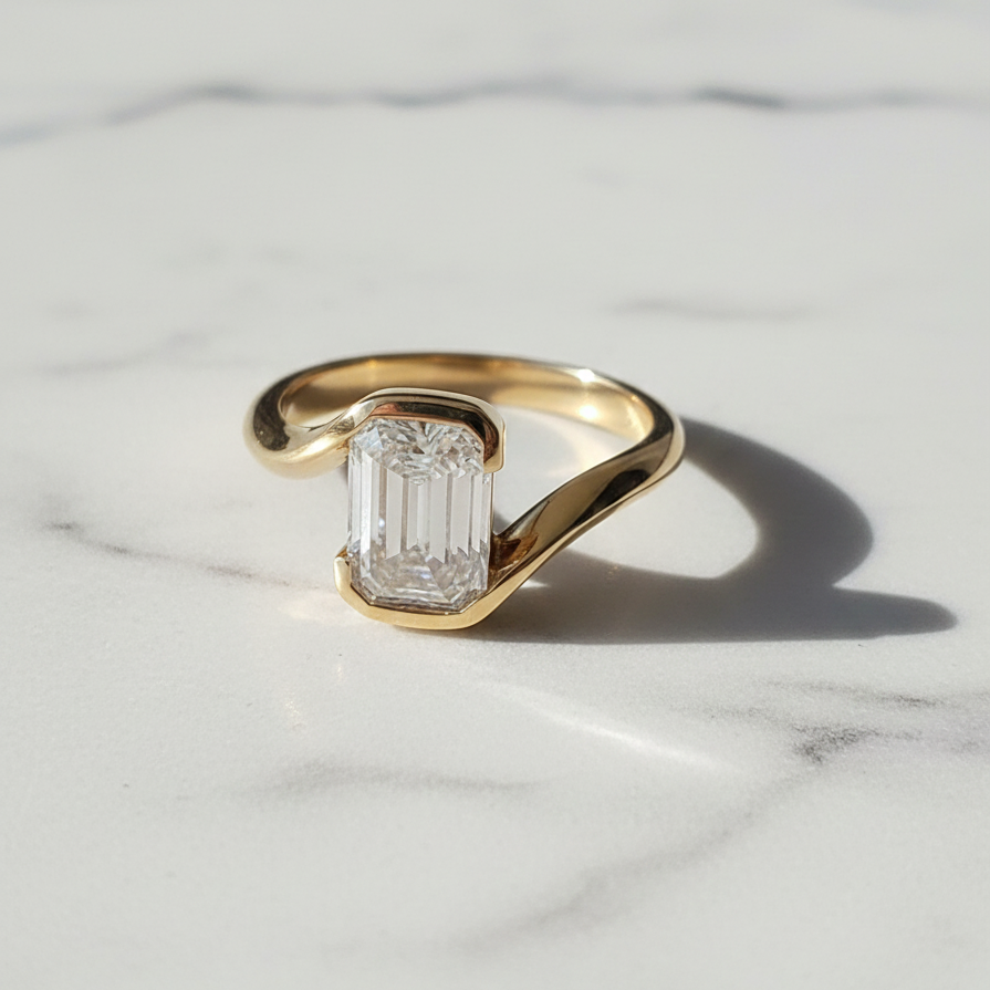Modern Emerald Cut Bezel Bypass Ring | Lab Grown Diamond | 14K Yellow Gold