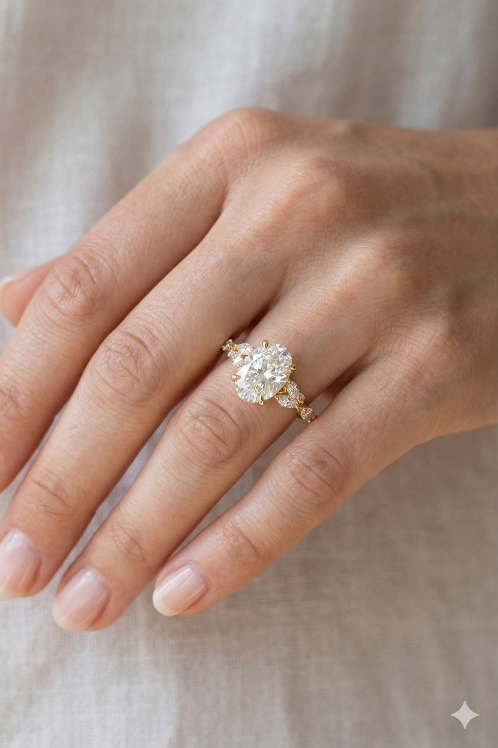 Oval Diamond Engagement Ring, Oval Cut Diamond Ring with Marquise & Round Side Diamonds, Diamond Accent Ring, Gold Diamond Ring