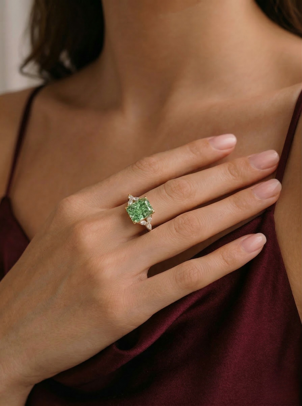 Green Radiant Lab Grown Diamond Ring, Radiant Cut Engagement Ring, Three Stone Diamond Ring, Solid Gold Ring, Marquise Side Stone Ring