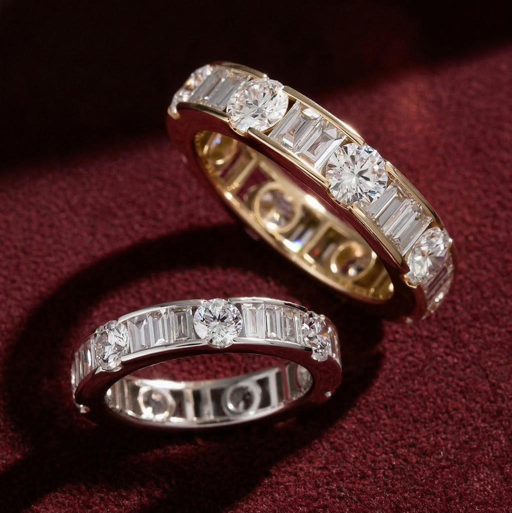 Lab Grown Diamond Eternity Band: 14K Gold Alternating Round & Baguette Anniversary Ring
