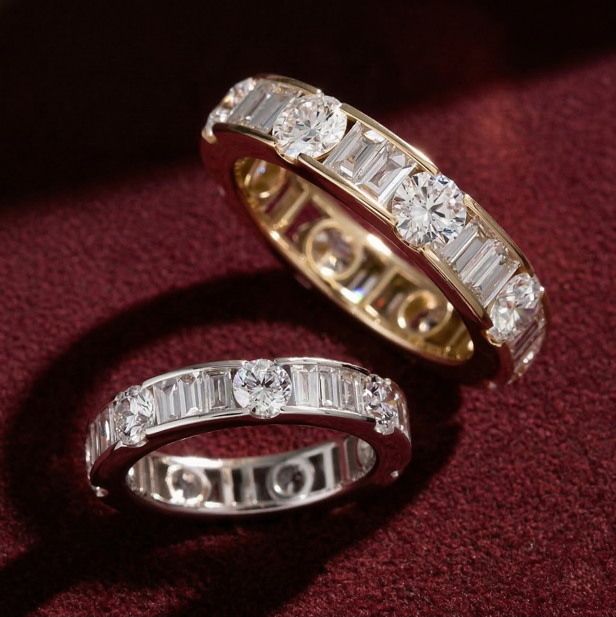Lab Grown Diamond Eternity Band: 14K Gold Alternating Round & Baguette Anniversary Ring