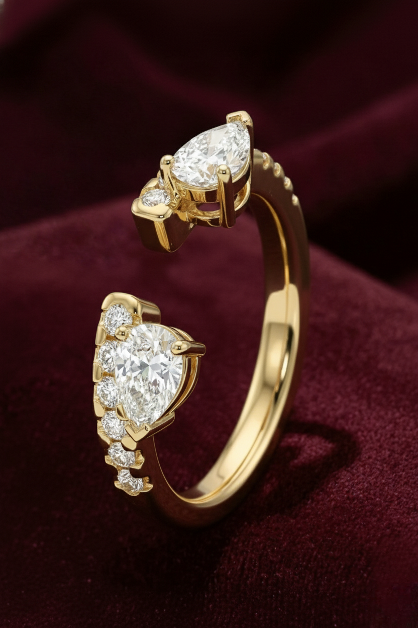 Open Cuff Diamond Stackable Band, Pear and Round Diamond Ring, Open Diamond Band, Stackable Gold Ring, Modern Diamond Band