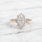 Art Deco Marquise Cut Ring with Tapered Baguette and Round Halo | Lab Grown Diamond | 14K Yellow Gold
