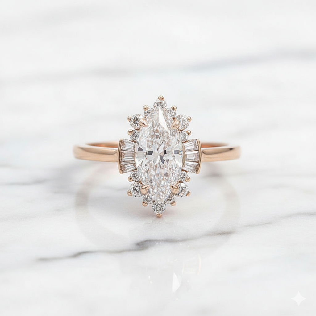 Art Deco Marquise Cut Ring with Tapered Baguette and Round Halo | Lab Grown Diamond | 14K Yellow Gold