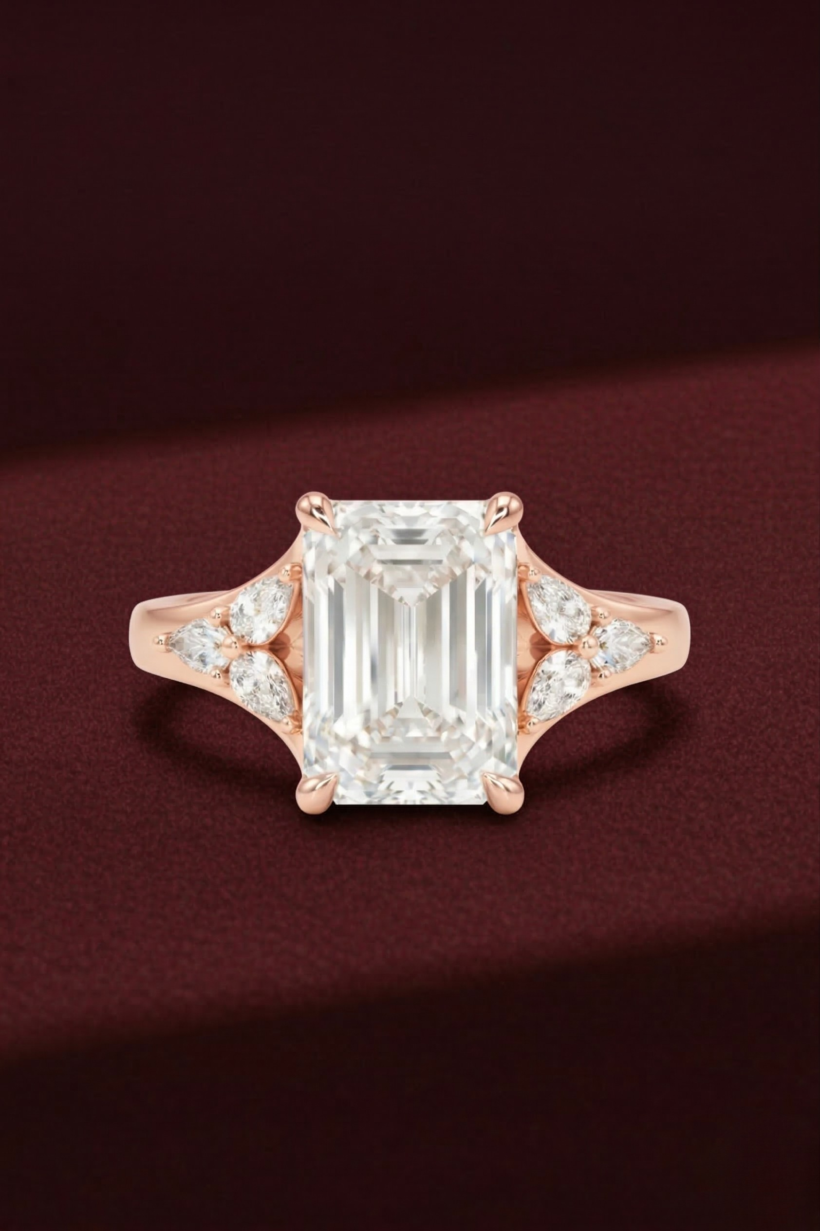 Emerald Diamond Engagement Ring 2.05 Carat, Emerald Cut Diamond Ring with Pear Side Diamonds, Gold Engagement Ring, Lab Diamond Ring