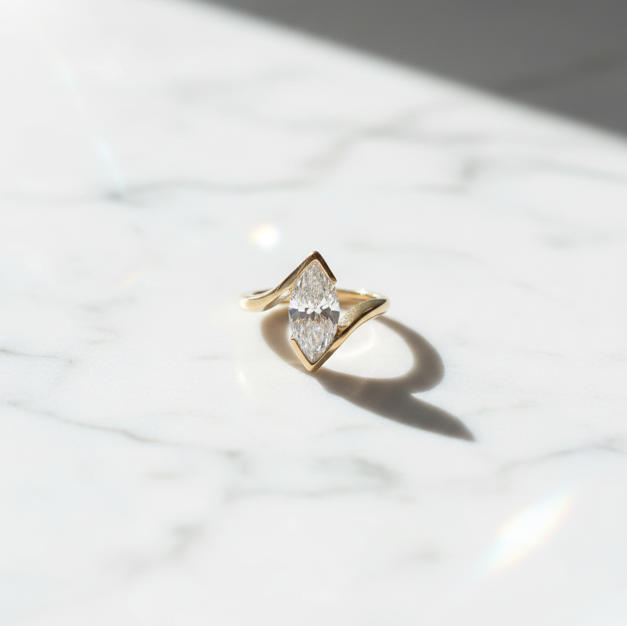 Modern Marquise Cut Bezel Bypass Ring | Lab Grown Diamond | 14K Yellow Gold
