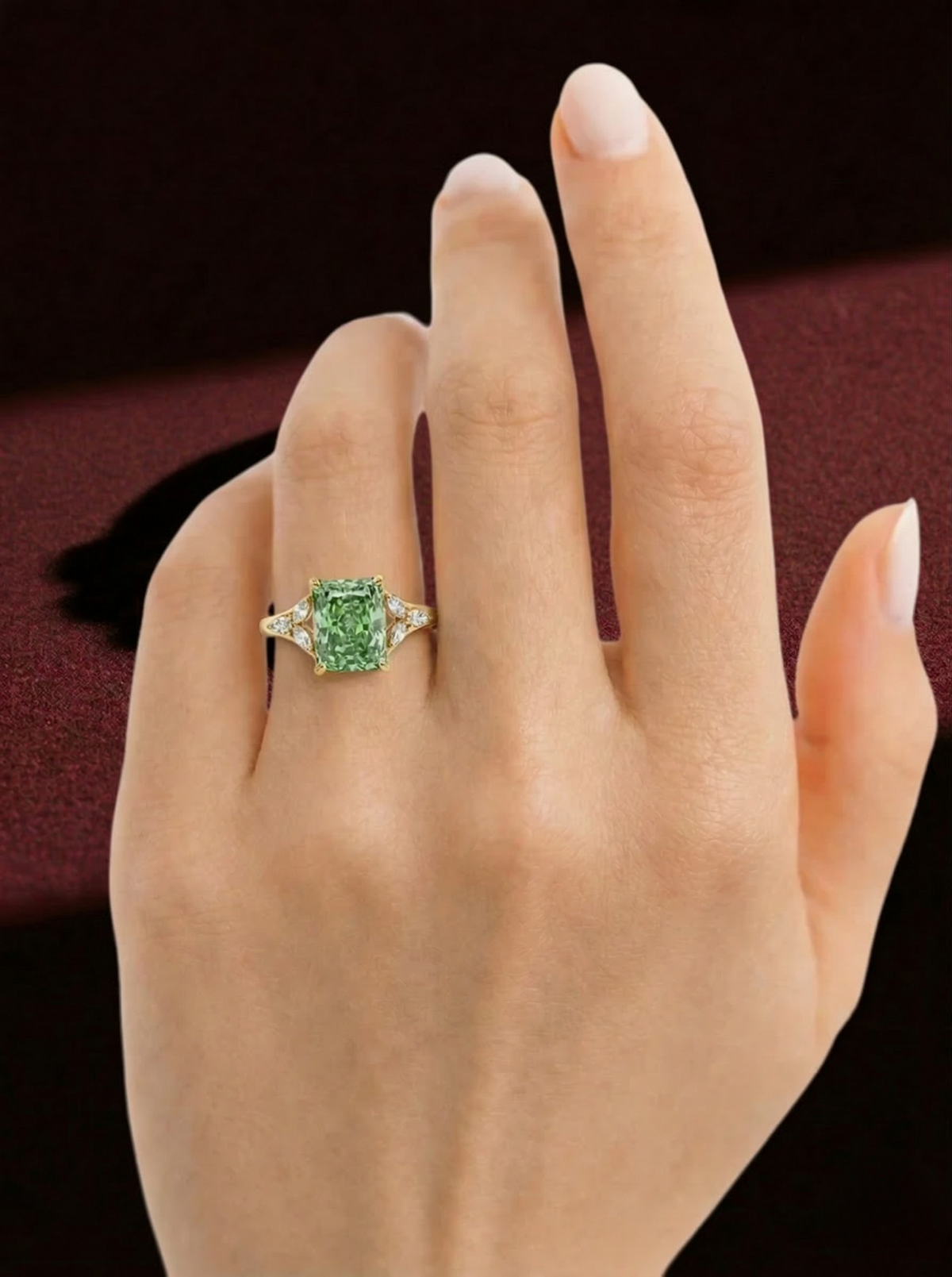 Green Radiant Lab Grown Diamond Ring, Radiant Cut Engagement Ring, Three Stone Diamond Ring, Solid Gold Ring, Marquise Side Stone Ring
