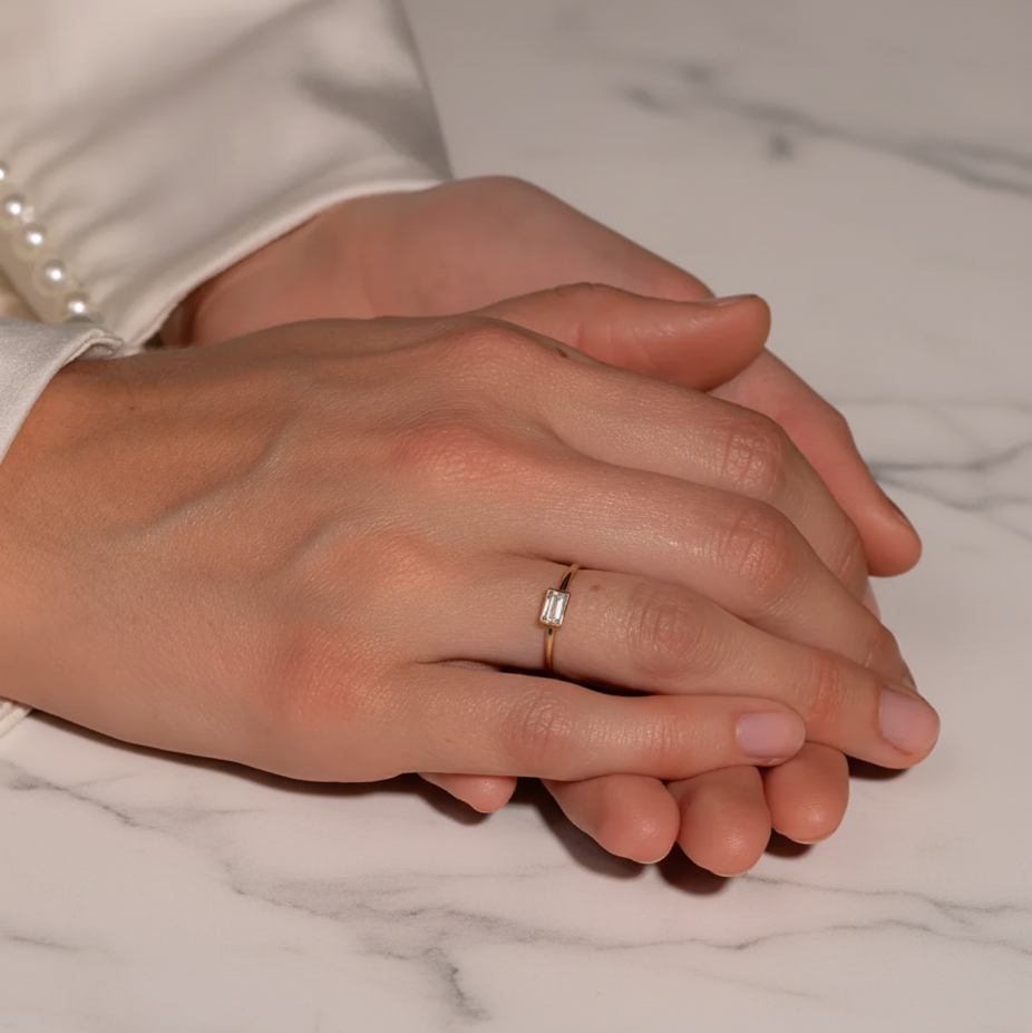 Minimalist Baguette East West Bezel Set Solitaire Ring | Lab Grown Diamond | 14K Yellow Gold