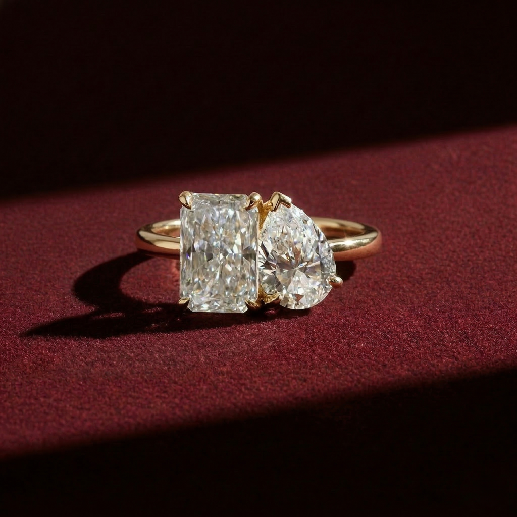 Toi et Moi Radiant and Pear Lab Grown Diamond Engagement Ring in Solid 14K Gold