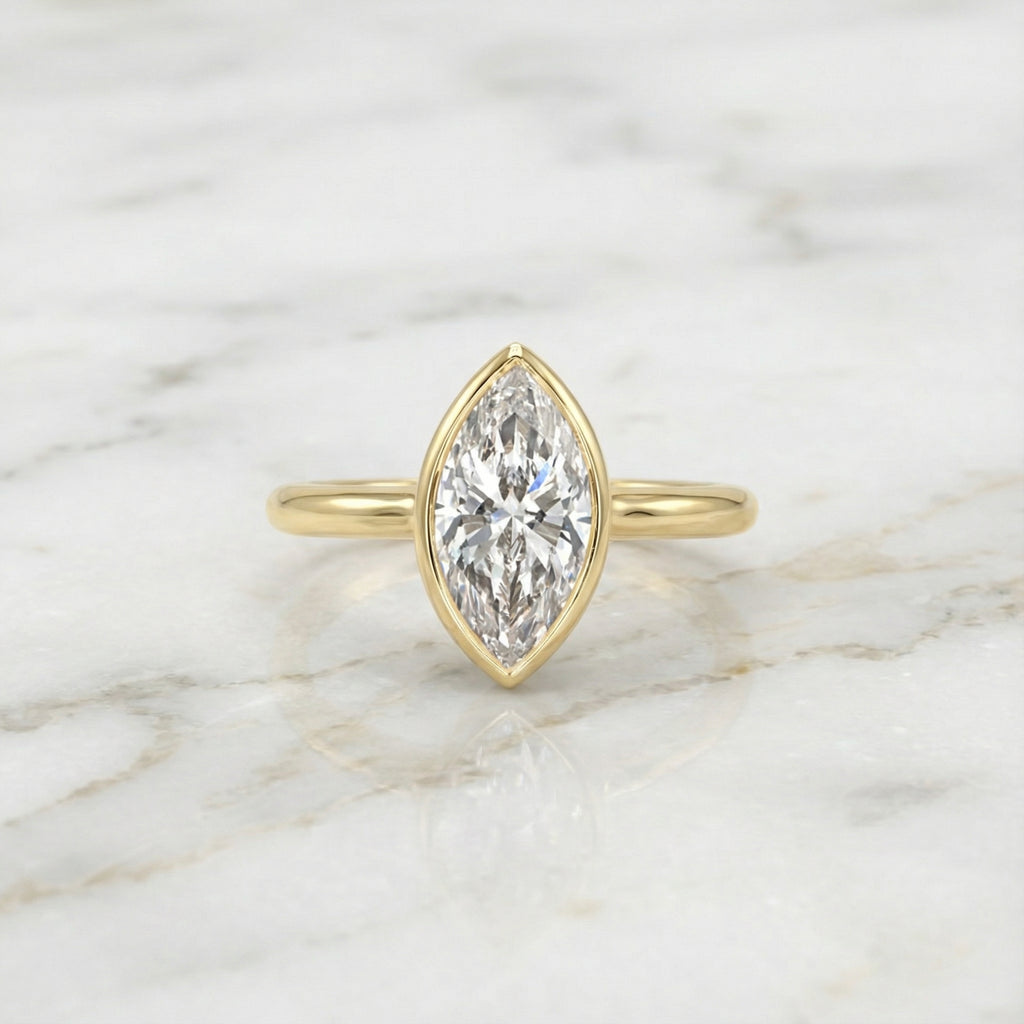 1.00 CT Lab Grown Marquise Diamond Ring: 14k Gold Bezel Solitaire